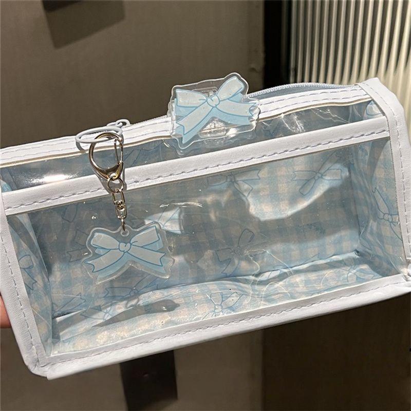 Sweet Bow Zipper Transparent Pencil Case Box Student Stationery Storage Bag Large Capacity Makeup Bag Cartoon Zipper Pen Bag