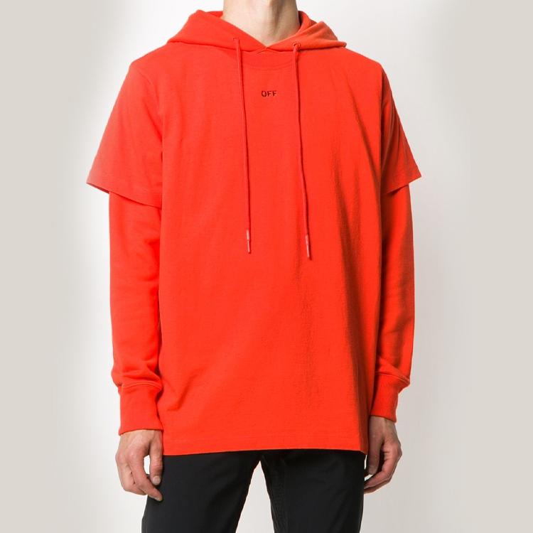 Off-White Stencil Double Tee Hoodie Orange/Black Men Tops OMBB051E20FLE0012010