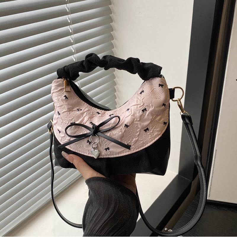 New Lace Plaid Patchwork Handbag French Bow Underarm Bag Small Versatile Cute Sweet Canvas Shoulder Bag Fashion Crossbody Bag