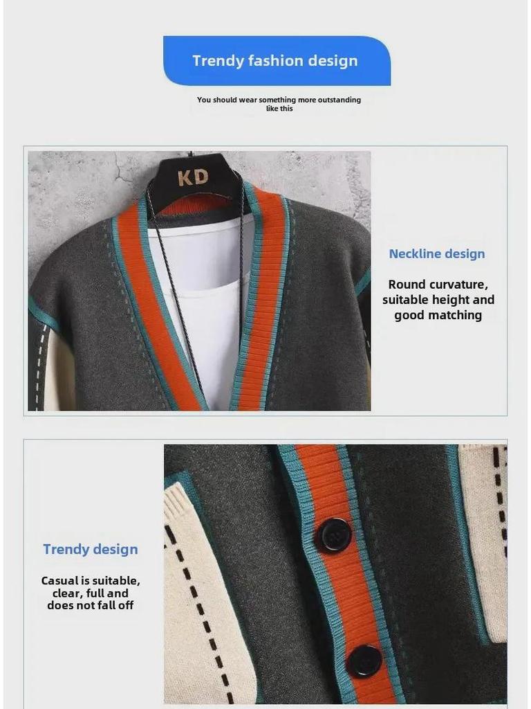 Pánský pletený kardigan s výstřihem do V - Móda jaro/podzim 2024, Svetr s barevnými bloky, Bunda v punkovém stylu