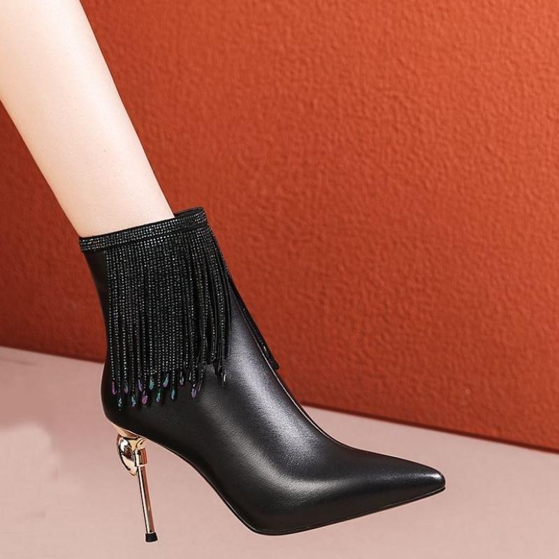 Fashion Booties Women Rhinestone Tassel 2026 Winter Pointed Toe Autumn Winter New Pointed Toe Stiletto High Heel Naked Boots 34 чёрный