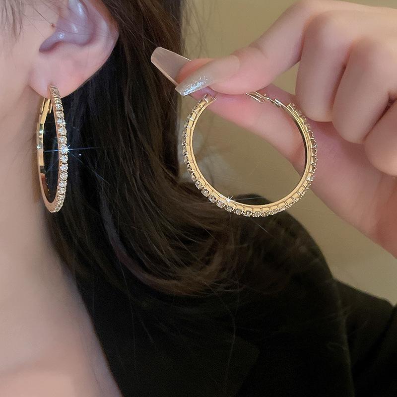 3Pairs Shiny Rhinestone Hoop Earrings Luxury Big Circle Zinc Alloy Exaggerated Personality Earrings Jewelry Female Accessories