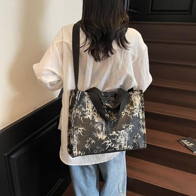 New Chinese Style Handbag Women's New Fashion Bamboo Leaf Printing Oblique Span Shoulder Bag College Student Commuter Tote Bag