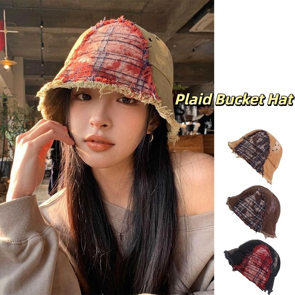 Beggar Style Plaid Bucket Hat Patched Sun Protection Basin Cap Fashion Retro Fisherman Hat  Women
