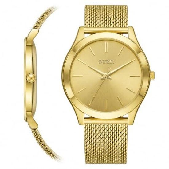 BUREI mens wristwatch gold Japanese quartz waterproof date silver stainless steel band simple stylish watch