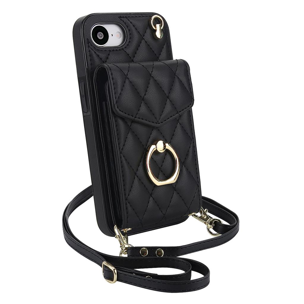 For iPhone 16e Case RFID Blocking Card Bag Leather+TPU Crossbody Phone Cover with Ring Kickstand