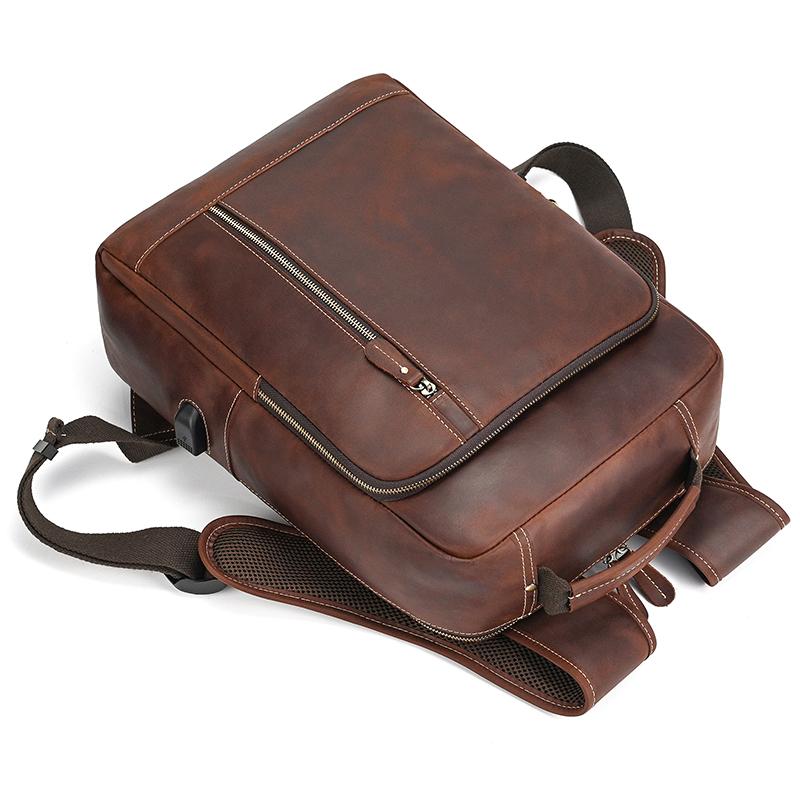 Retro Men's Crazy Horse Leather Backpack Laptop Backpack Leather Daypack Large Capacity Male Travel Backpack With USB Cable