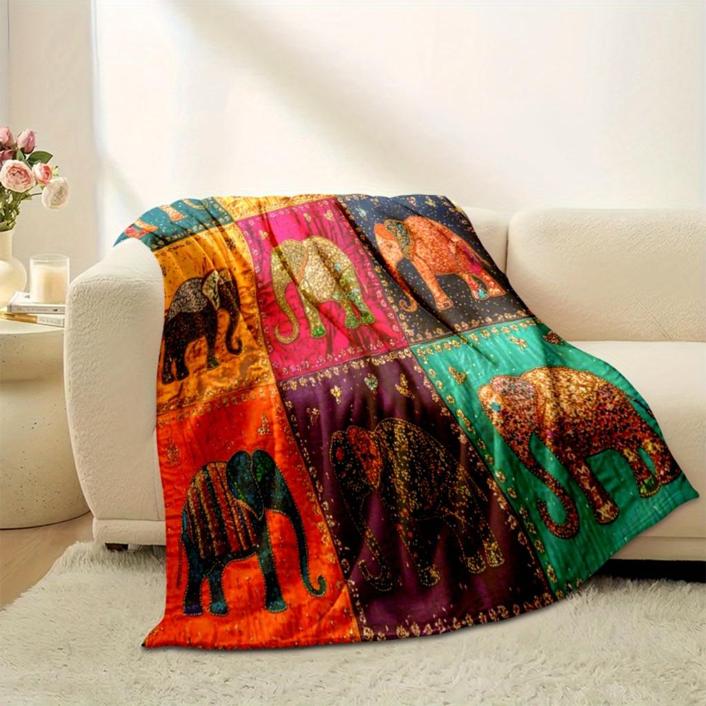 Manta Patchwork Elefante Bohemio Multicolor Ligera para Todas las Estaciones, Manta para Sofá Cama, Decoración del Hogar, Camping y Regalos