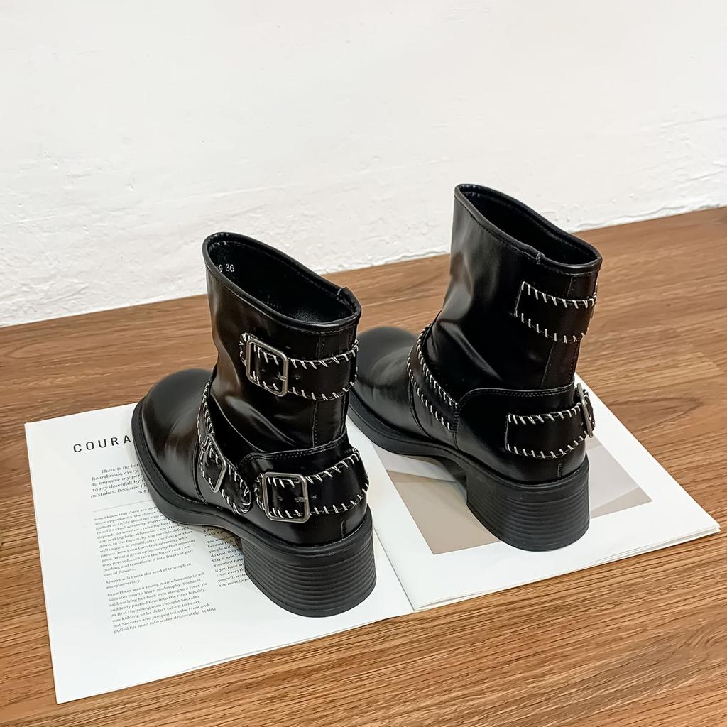 Grape mother retro polished knight boots short belt buckle old thick heel British style short boots comfortable platform women's boots