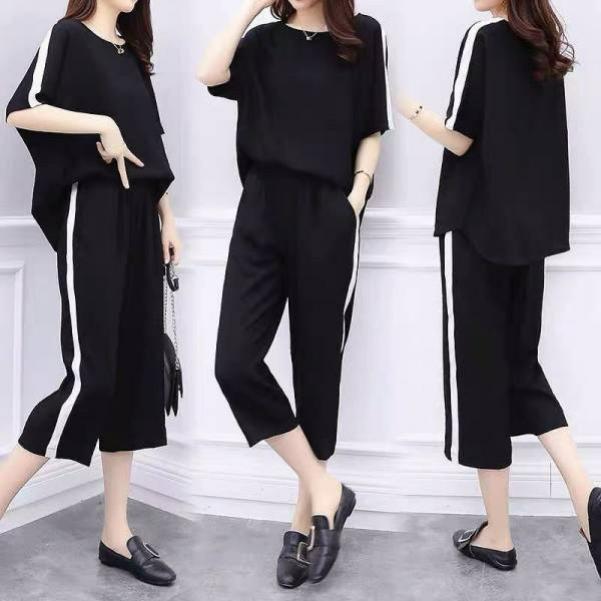 Plus Size Women's Summer Two-piece Fat Mm Loose Casual Short-sleeved Cropped Pants Suit Women