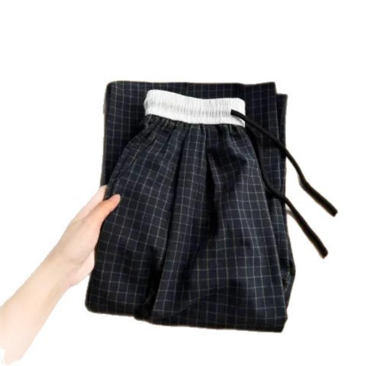 Summer Slimming Checked Loose-Fit Wide-Leg Casual Trousers for Women – Elasticated Waist with Drawstring Straight-Leg Trousers for Strolling