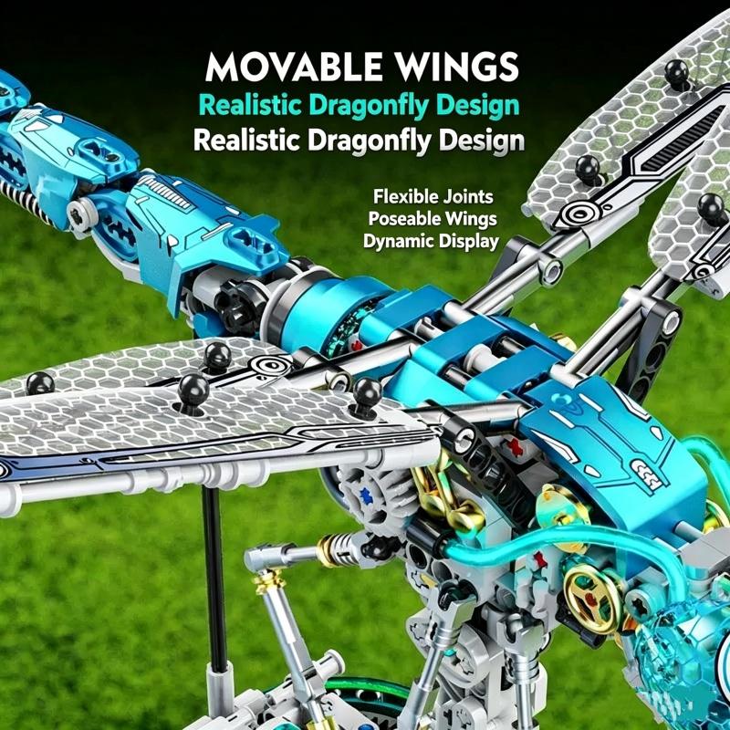 866PCS Mechanical Dragonfly Building Blocks,LED Collectible Insect Model Movable Wings for Adult Hobbyists Birthday Christmas
