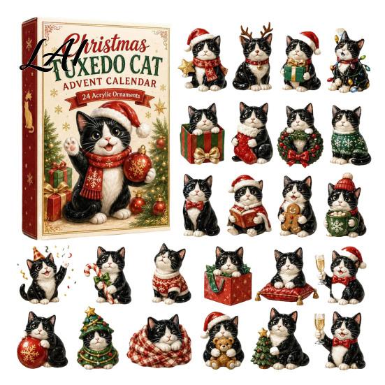 Holiday Decoration for Kids Christmas Cat Advent Calendar 24 Day Countdown with Cute Ornaments Gifts Children 2D Acrylic Kitty Decorations,