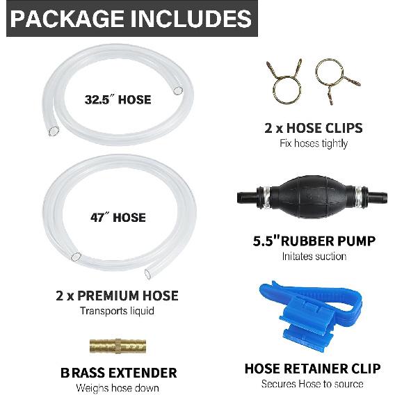 Portable Manual Siphon Pump For Fuel Transfer, Premium Gasoline Diesel Water Oil Transfer With 15Mm PVC Hoses, Hose Clip & Brass Connectors, Ideal