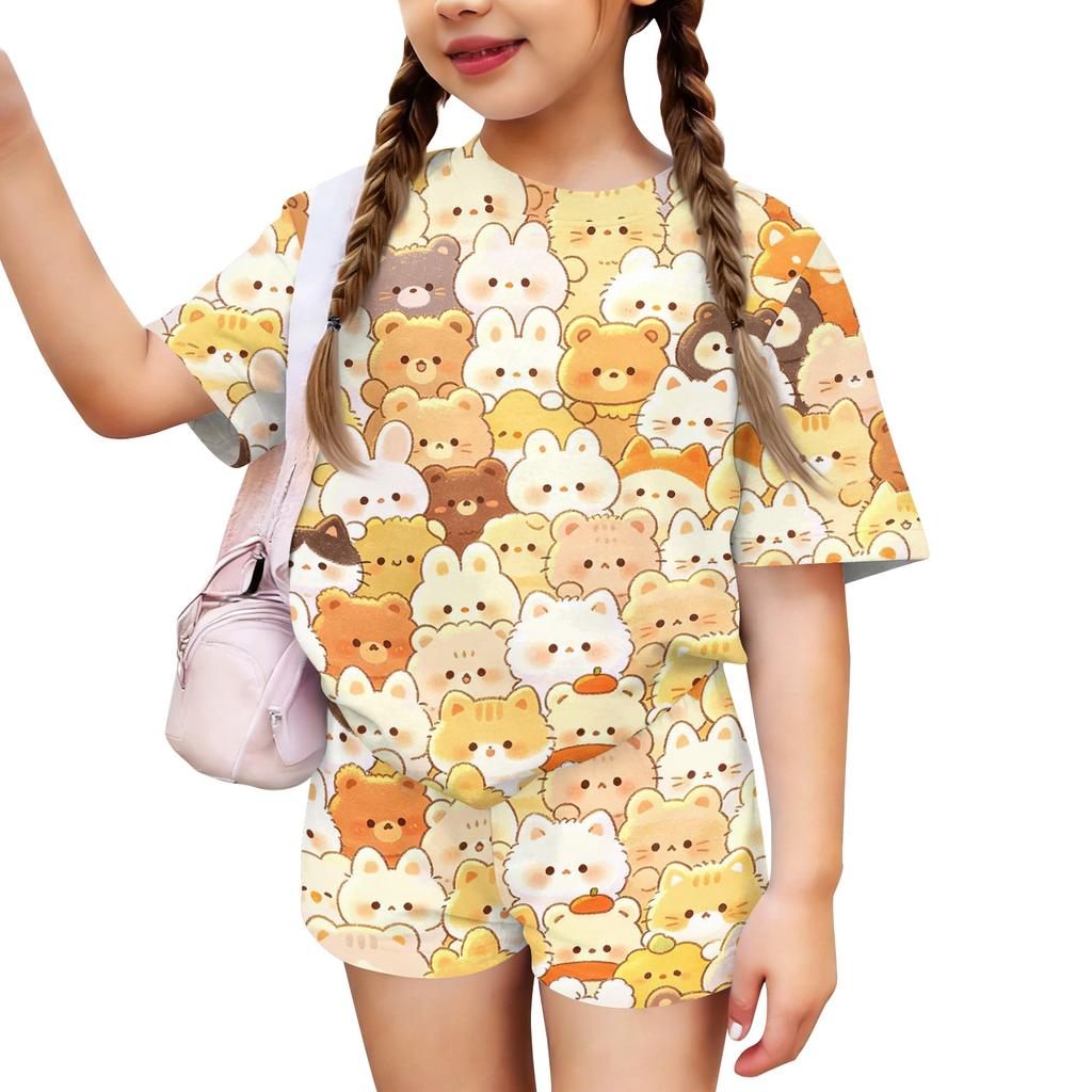Kids Casual Short Sleeve Top and Shorts Set Animal Print Lightweight Comfortable Soft Fabric Summer Outfit for Boys and Girls