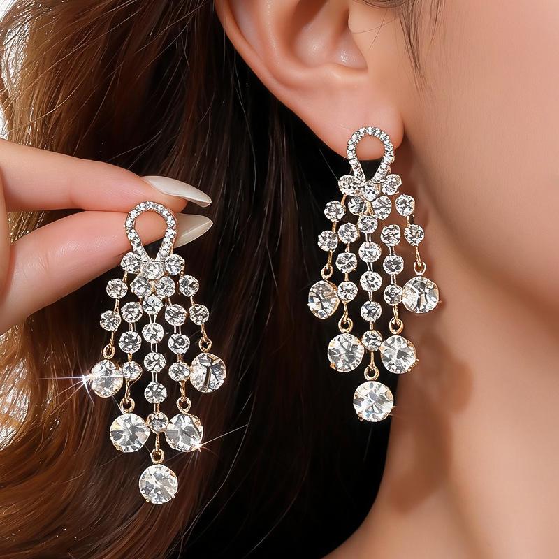 Silver Needle Light Luxury Rhinestone Tassel Stud Earrings, Elegant High-end Fashion Ear Ornaments for Women