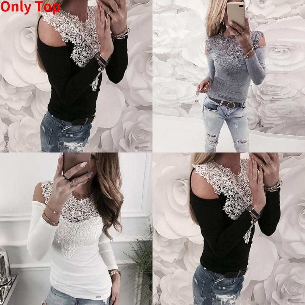 Elegant Spring Collection Sexy Lace Shoulder Cutout Cotton T-shirt Top In Gray Pink White And Black