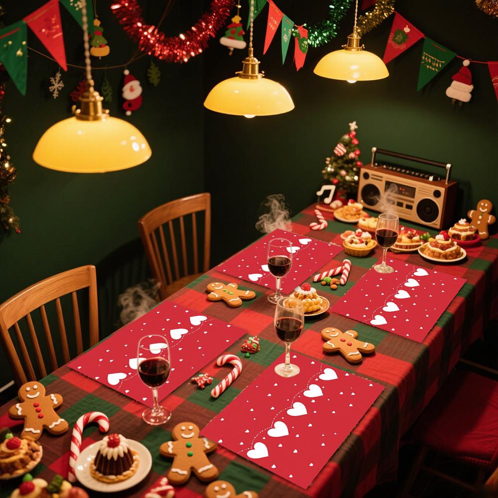 1pc or 4/6pcs Heart-Shaped Placemats - Red & Heart Pattern with Deer & Snowflake Design, Heat-Resistant Polyester Table Mats for Valentine'S Day