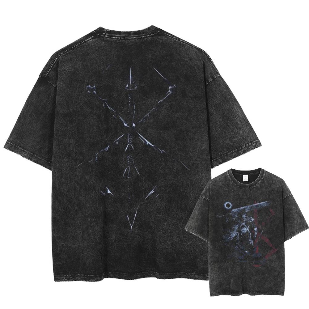 Berserk Manga T Shirt Harajuku Gothic Tshirt Washed Casual Oversized T-shirt Clothing Summer Short Sleeve Cotton Tees Streetwear