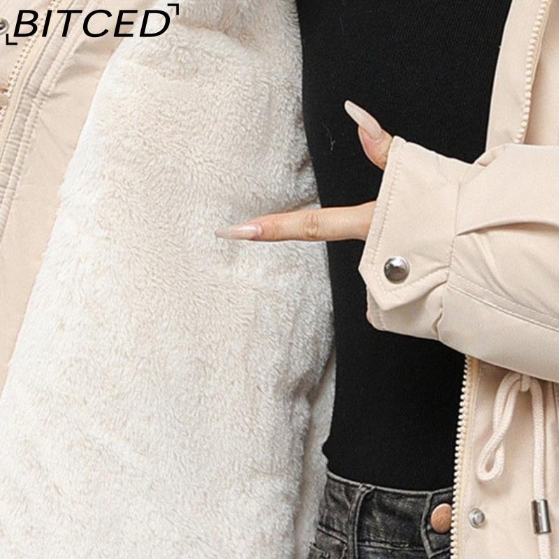 BITCED Women's Fleece-Lined Thickened Puffer Coat - Short Winter Style with Large Fur Collar, Slim-Fit and Flattering Cotton-Blend Outerwear