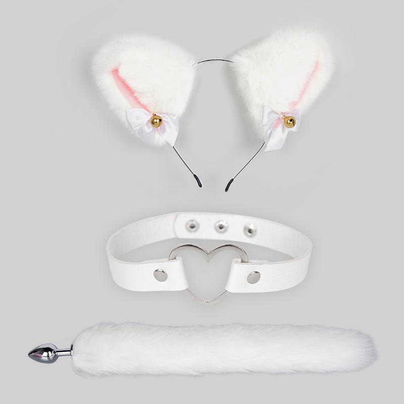 Bondage Katzenanzug mit Schwanz Analplug, Halsband & Knebel