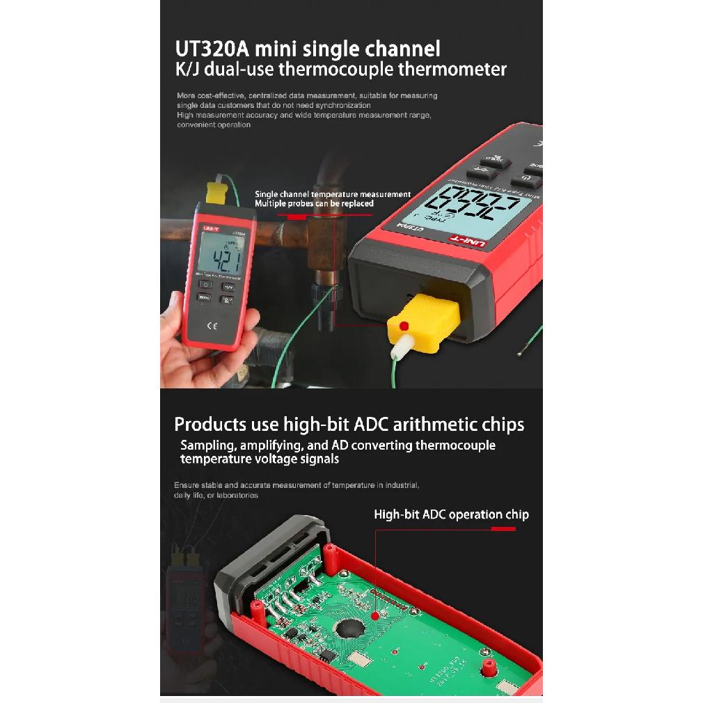 UNI-T UT320A UT320D Digital Thermometer Mini Dual K/J Type Thermocouple Thermometer -50℃ to 1300℃ High Temperature Tester Mete