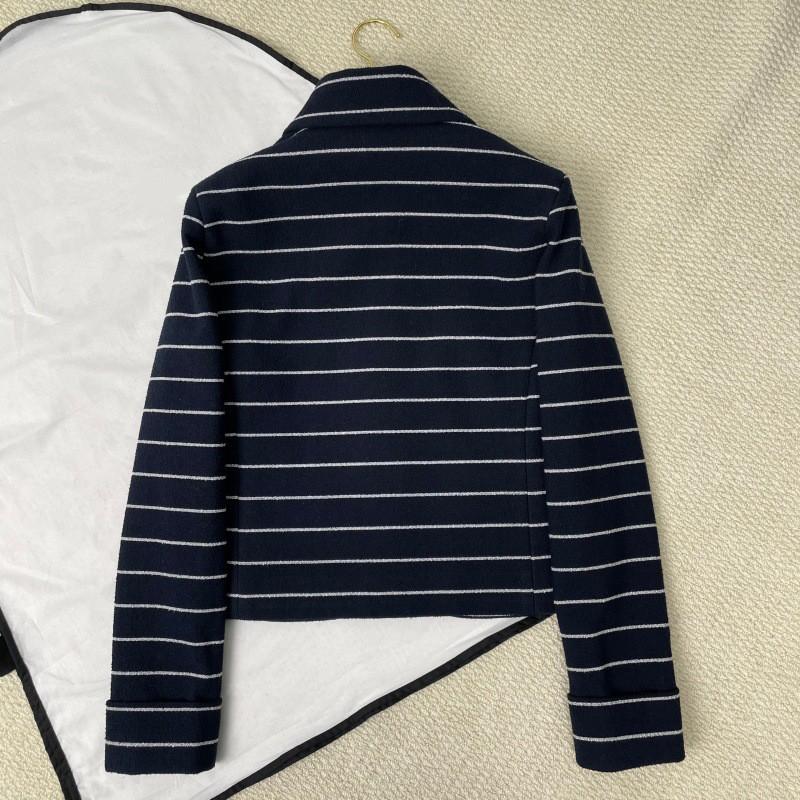 Womens 2026 Short Cropped Blazer With Silk Lining Navy Striped Wool Blend Notched Collar Single-Breasted Button Front