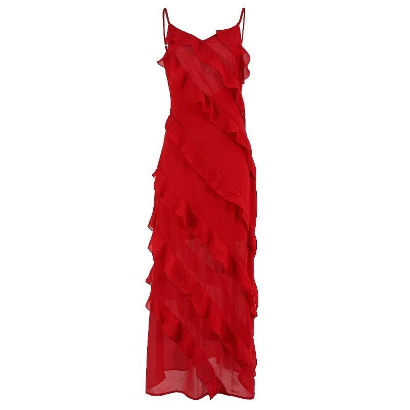 

Bursting Chiffon Long Dress Sexy Suspender Halter Split Ruffle Edge Dress Women s Dress S червоний