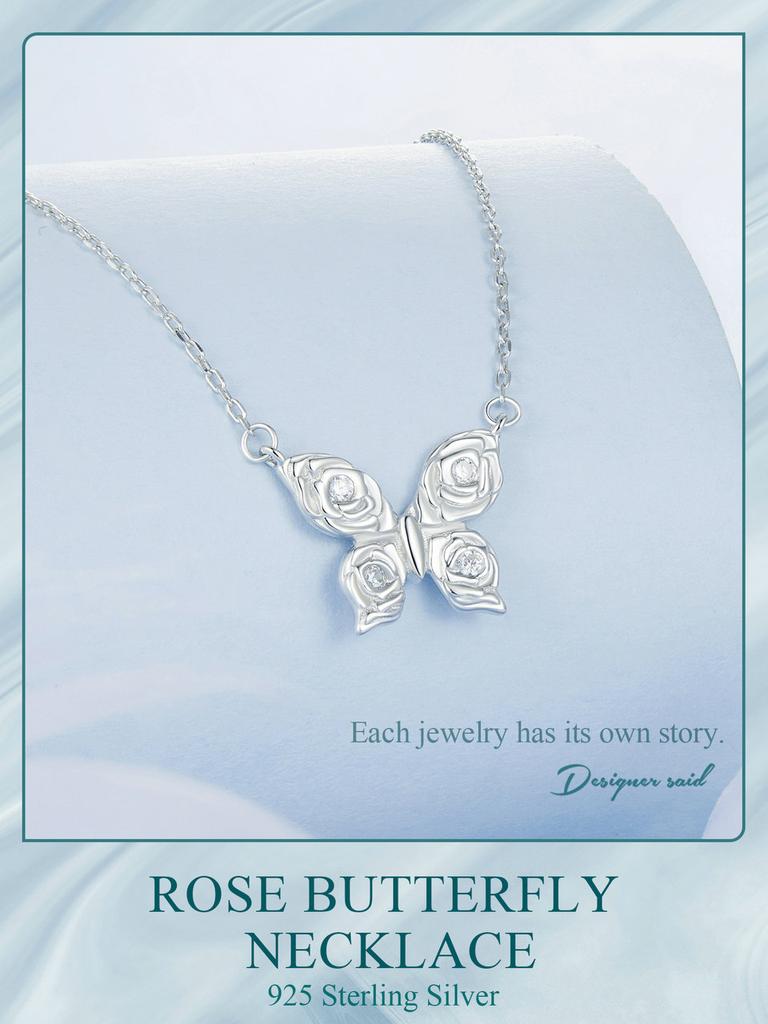 BAMOER 925 Sterling Silver Rose Butterfly Necklace Romantic Love Necklace Plated White Gold for Women Fine Jewelry