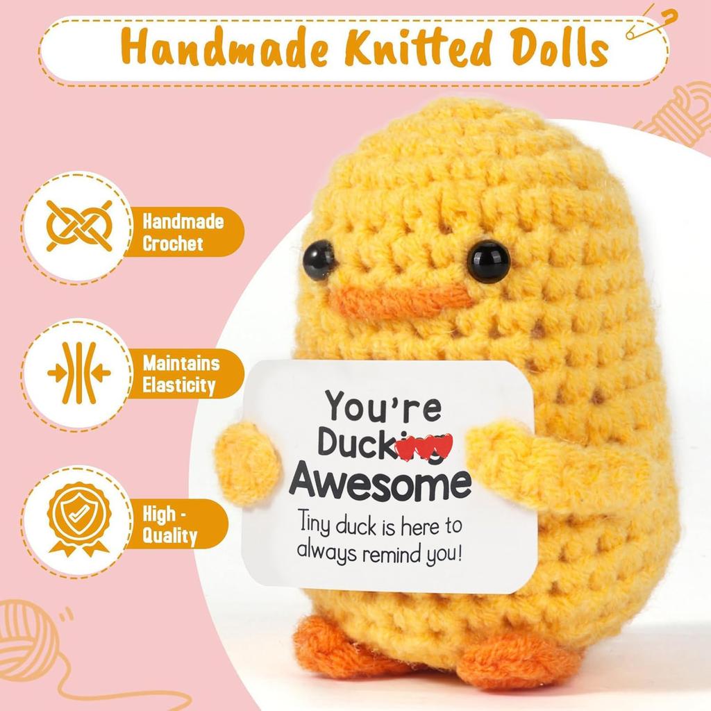 Positive Energy Duck Doll Hug Pocket Mini Handmade Plush Wool Knitting Dolls Funny Emotional Support Crochet Gift for Birthday