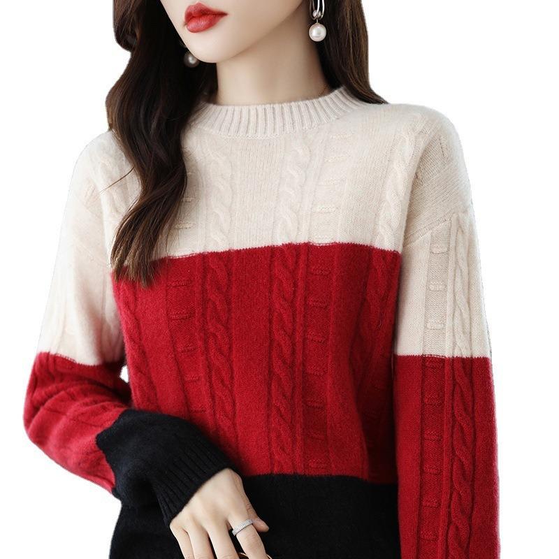 Color matching twist knitted bottoming shirt autumn and winter new loose femininity inner with crew neck sweater women's model