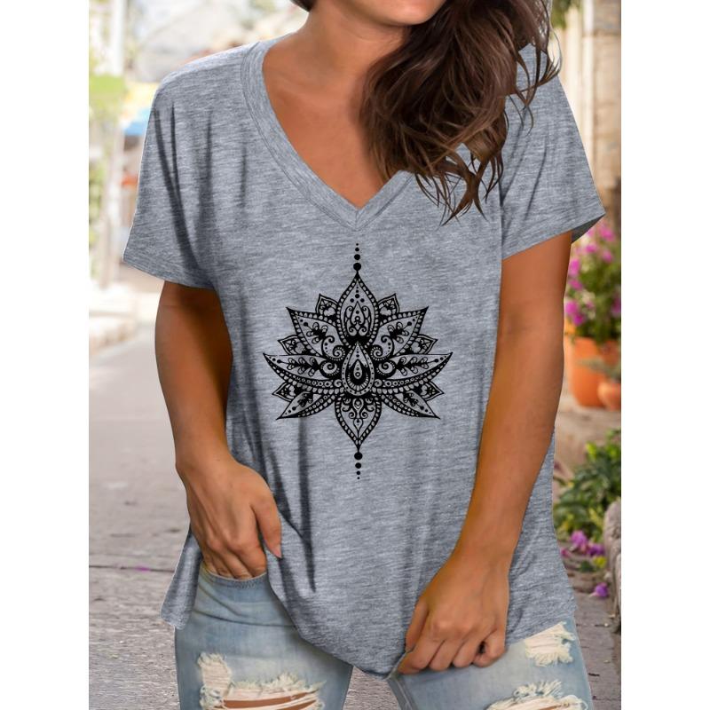 

Футболка больших размеров с V-образным вырезом и принтом «Цветок лотоса» — удобная посадка, эластичный трикотаж, универсальная повседневная одежда для весны и осени 7XL