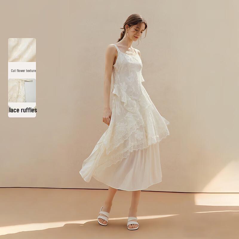 INMAN Французский стиль Асимметричное кружевное платье-миди с оборками M