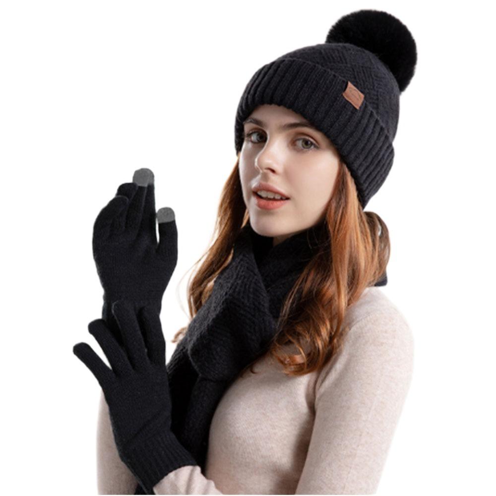 

3Pcs/set Long Scarf Women Hat Scarf Gloves Set Knitwear Winter Knit Gloves Set Cold Weather чёрный
