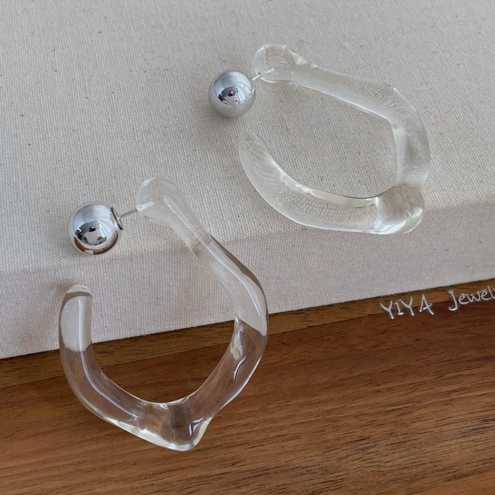 Clear Irregular C-Shaped Acrylic Hoop Earrings Silver Ball Stud Minimalist Transparent Large Geometric Drop Earrings for Women