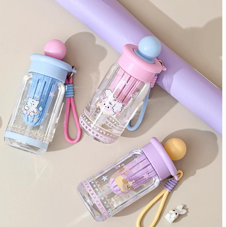 Water bottle summer cartoon cute water cup girl high value portable rope straw cup high temperature anti-drop thickened plastic cup