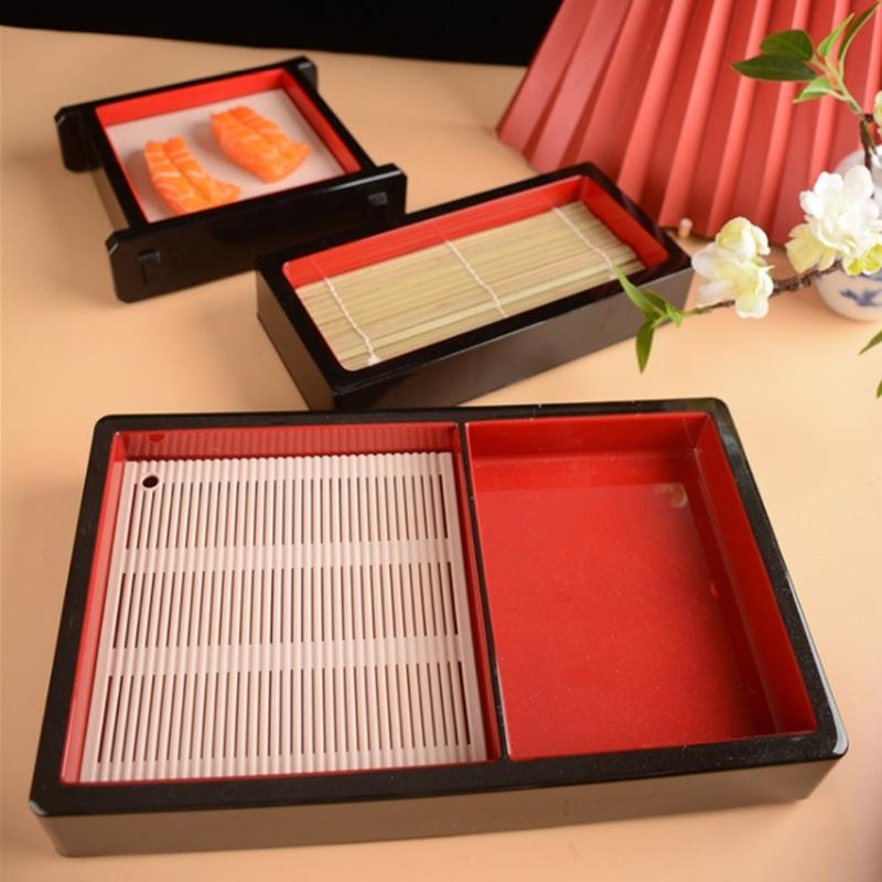 Cold Noodles Plate Plastic Food Plate with Bamboos Mat Food Snacks Dishes Serving Platters Easy to Clean Food Platter