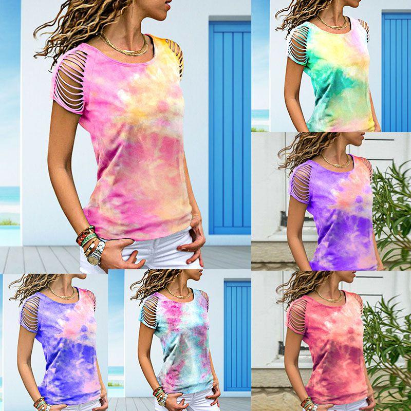 Womens Vibrant Tie-dye Printed Tops Casual Short Sleeve Blouse Perfect For Summer