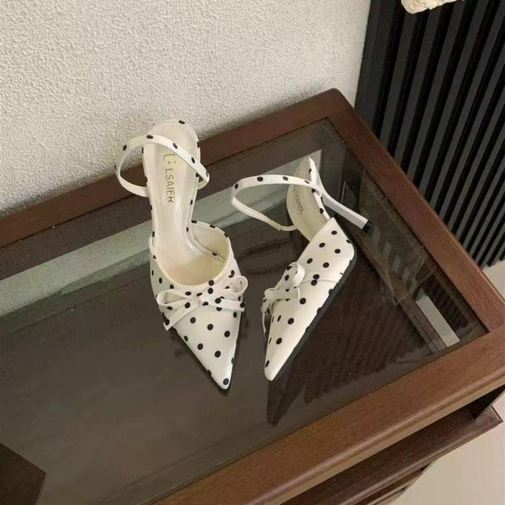 Neue Süße Polka Dot Spitz Hohe Absatzschuhe für Damen, Stiletto-Absatz mit Schleife und Riemchen-Sandale mit offenem Rücken und Zehen