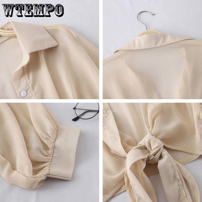WTEMPO Summer Half Sleeve Button Up Shirts Loose Casual Blouses Solid Chiffon Shirts Women Tied Waist Elegant Blouses