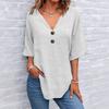 Women Solid Cotton Linen Blouse V Neck Half Sleeve Casual Loose Button Decor Spring Tunic Top