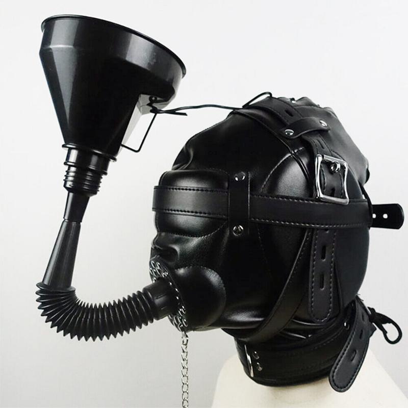PU Leather Mask Hood Oral Gag Headgear with Funnel Detachable Cover Bondage Gimp Sexy Costume Sex Toys for Men Women