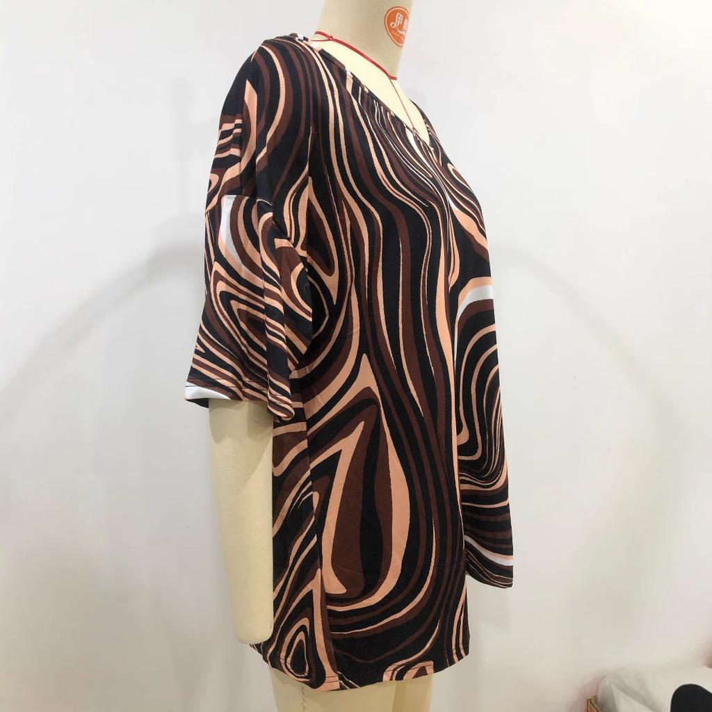 Summer V-neck 3D Printed Wave Pattern Top Fashionable Casual Short Sleeved Plus Size Women's T-shirts