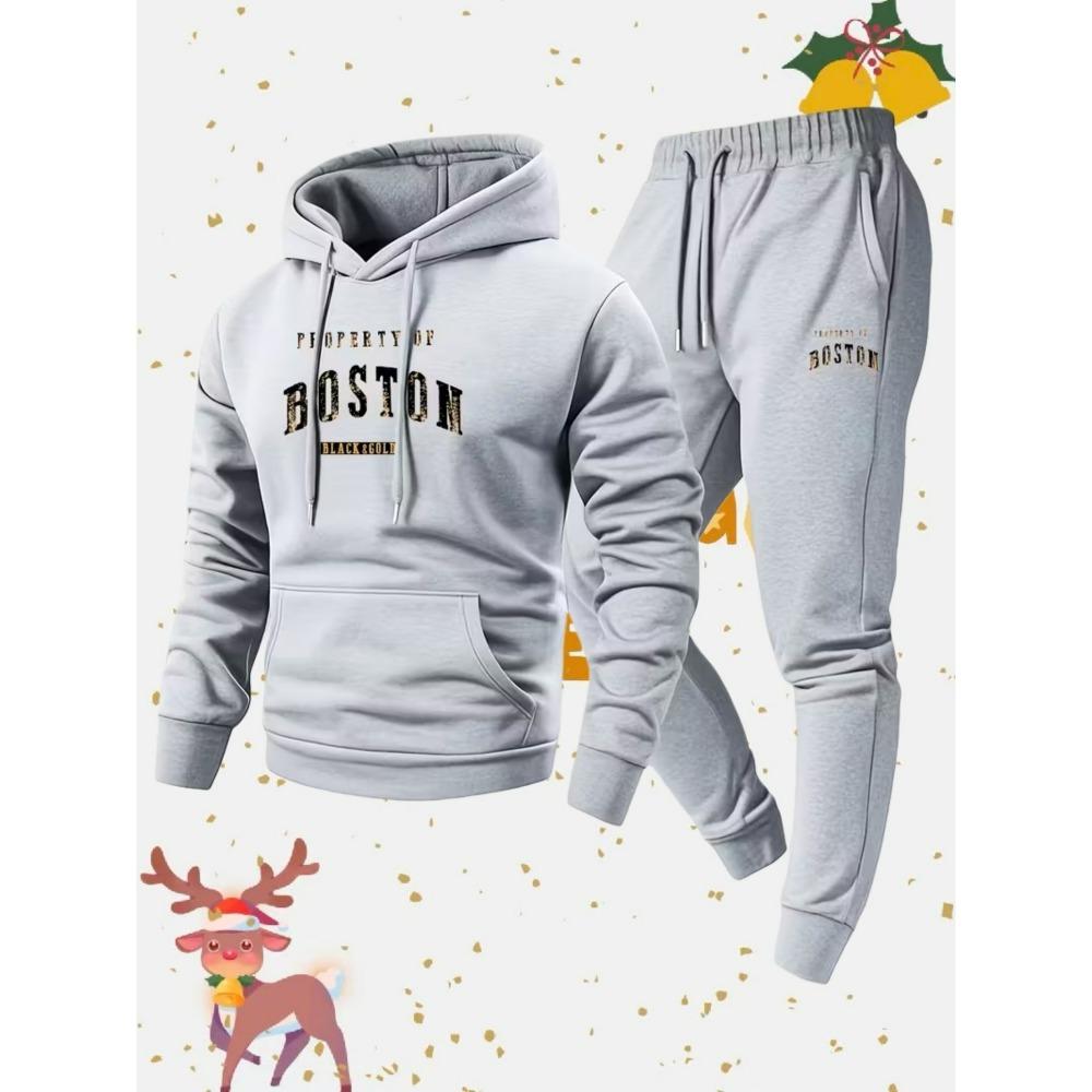 Spring and Autumn Warm Men's Hoodie Set Sports and Leisure Two Piece Set Boston Printed Hoodie and Casual Pants Combination
