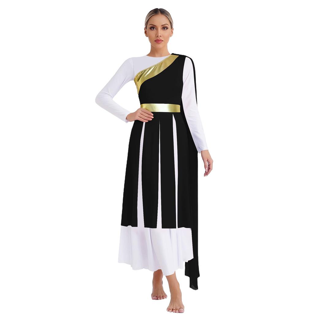 S-XXL Lyrical Worship Dance Dress One Shoulder Sleeveless Metallic Shiny Patchwork Slit Hem Tunic with Drape for Stage