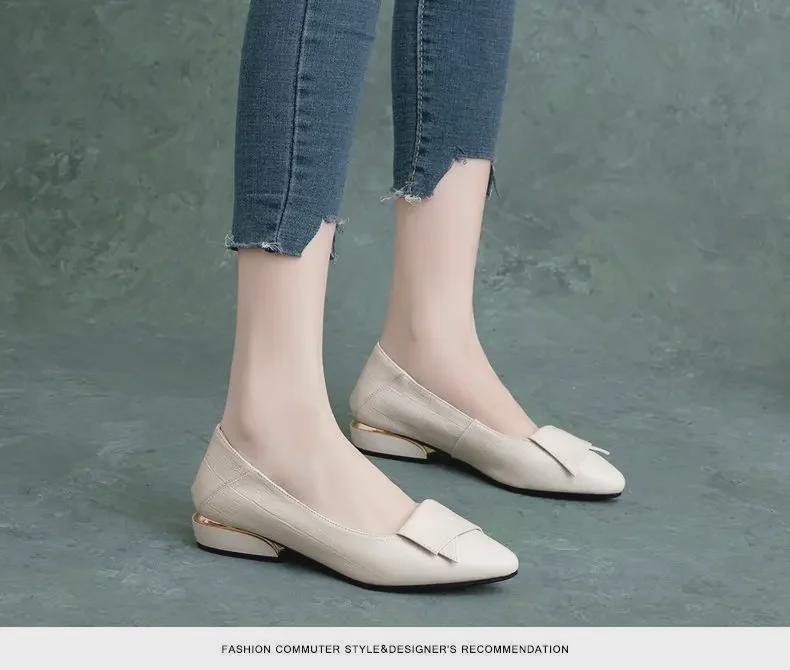 Women's Soft Leather Pointed-Toe Flats with Thick Heel, Versatile for Spring & Autumn