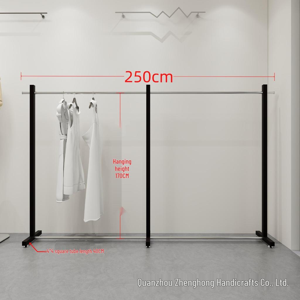 Black Stainless Steel Floor-Standing Garment Display Rack for Women's Clothing Store