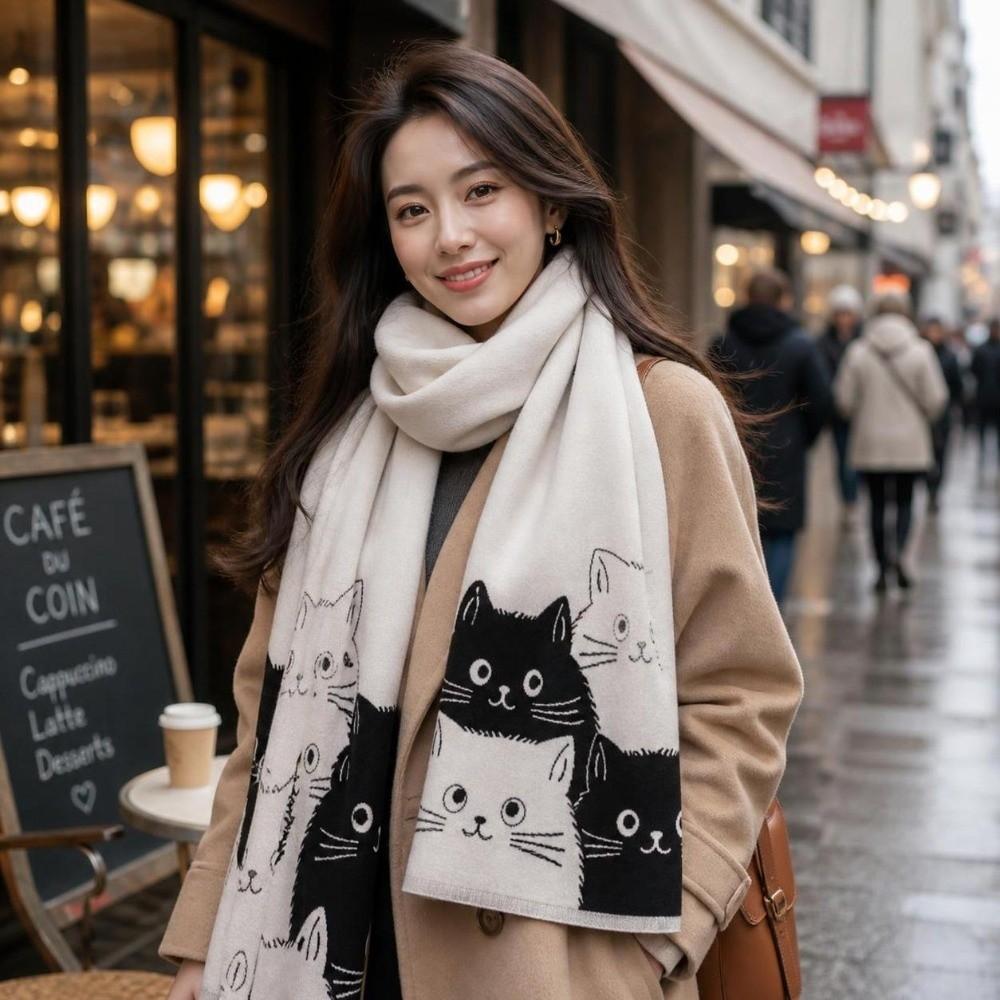Double Sided Warm Blanket Scarf Large Size Winter Shawl Cat Print Cashmere Scarf  Daily Wear