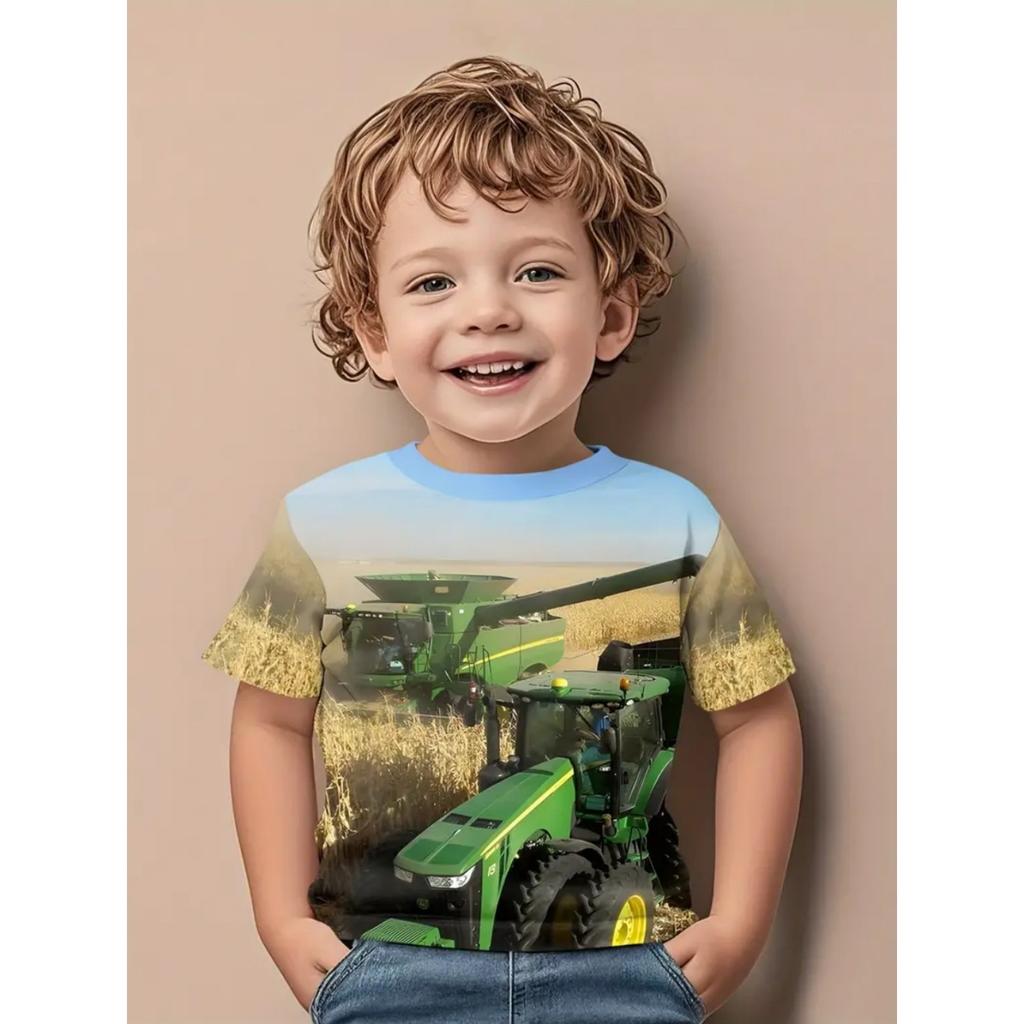 Fed 3D Traktortryk Børnetøj Drenge T-shirt Kortærmet Mode Børne Sommertøj Udendørs Aktive Børnetøj