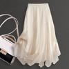Summer Women's Cream Pleated Midi Skirt Elastic Waist Ruffle Hem Skirt